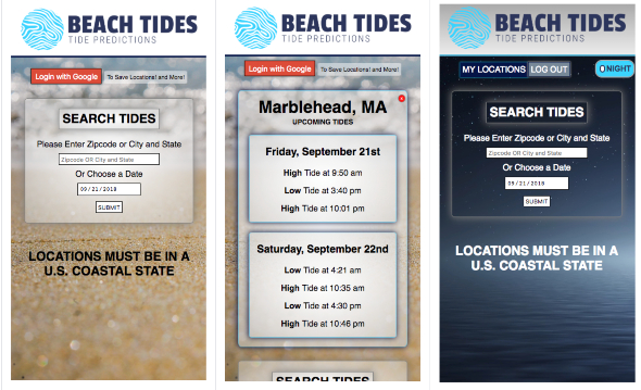 Beach Tides Web App screenshots
